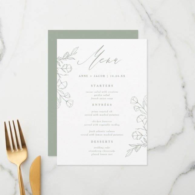 Simple Sage Green Greenery Boho Floral Wedding Menu (Front/Back In Situ)
