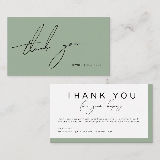Simple Sage Green Handwritten Script Thank You Business Card (Front/Back)