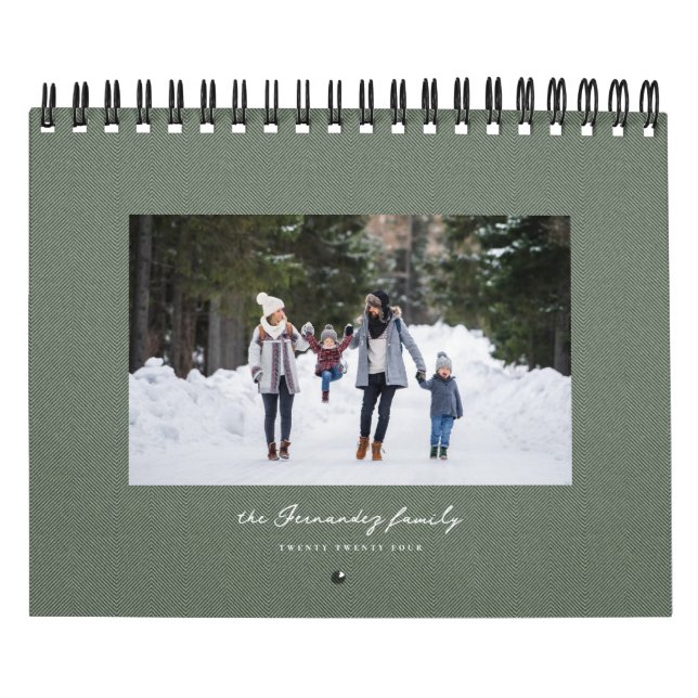 Simple sage green herringbone classic family photo calendar (Cover)