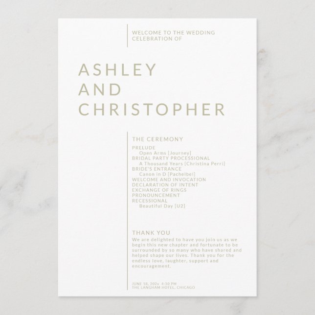 Simple Sage Green Isolated Names Wedding Ceremony Programme (Front)