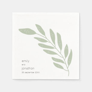 Simple Sage Green Leaves Names Date Wedding Napkin