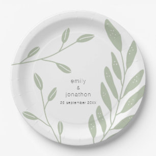 Simple Sage Green Leaves Names Date Wedding Paper Plate
