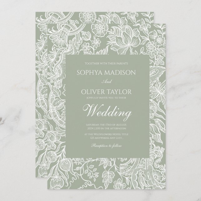 Simple  Sage Green Line Art Wildflower wedding Invitation (Front/Back)