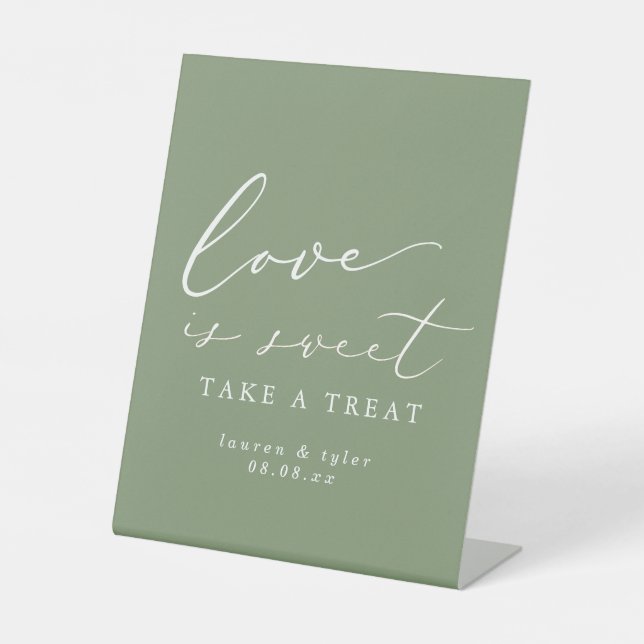 Simple Sage Green Love is Sweet Wedding Dessert Pedestal Sign (Front)