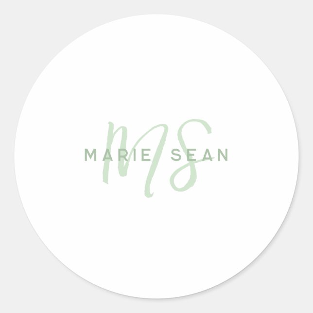 Simple Sage Green Minimalist Monogram Classic Round Sticker (Front)