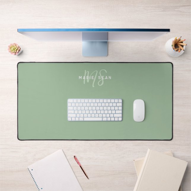 Simple Sage Green Minimalist Monogram Gift Desk Mat (Office 1)
