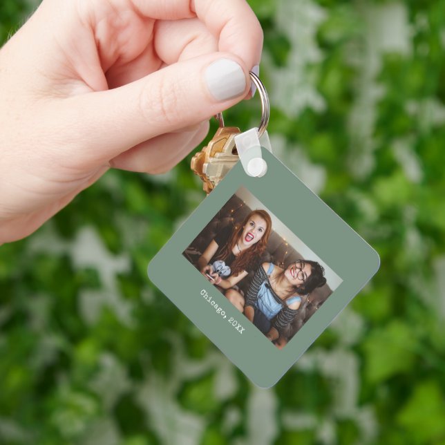 Simple Sage Green Minimalist Photo Keepsake Key Ring (Hand)