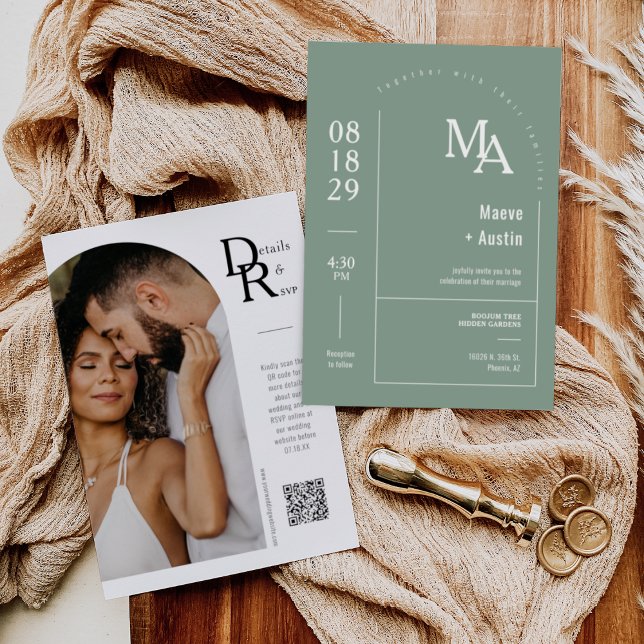 Simple Sage Green Modern Minimal Boho Arch QR Code Invitation (Creator Uploaded)