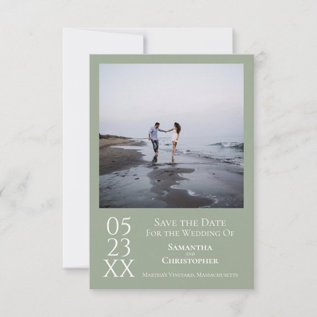 Simple Sage Green Modern Minimalist Photo Wedding Save The Date (Front)
