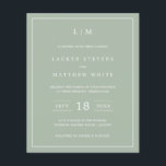 Simple Sage Green Monogram Budget Wedding Invite<br><div class="desc">Simple budget wedding invitation featuring a modern yet elegant design with your two letter monogram at the top, a bold date layout and your details surrounded by a thin border. All design elements are in white over a sage green background and may be changed in the design editing tool. A...</div>