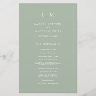 Simple Sage Green Monogram Elegant Wedding Program