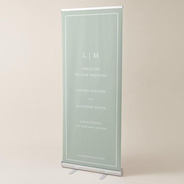 Simple Sage Green Monogram Elegant Wedding Retractable Banner (3/4)