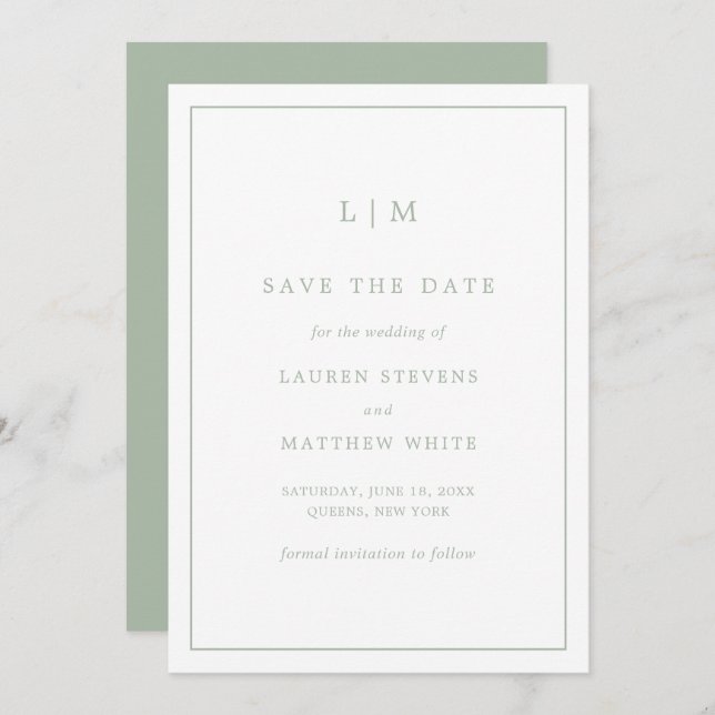 Simple Sage Green Monogram Elegant Wedding Save The Date (Front/Back)