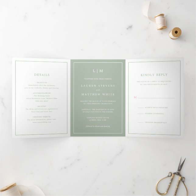 Simple Sage Green Monogram Elegant Wedding Tri-Fold Invitation (Inside)