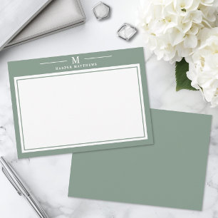 Simple Sage Green Monogram Stationery Card