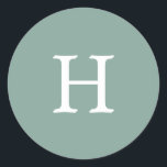 Simple Sage Green Monogram Wedding Classic Round Sticker<br><div class="desc">Simple yet elegant wedding sticker with your monogram in a white serif font over a sage green background. The background and font colours may be changed to any colours that you wish. A basic and plain design that still comes across as stylish. These modern and minimalist stickers make great envelope...</div>