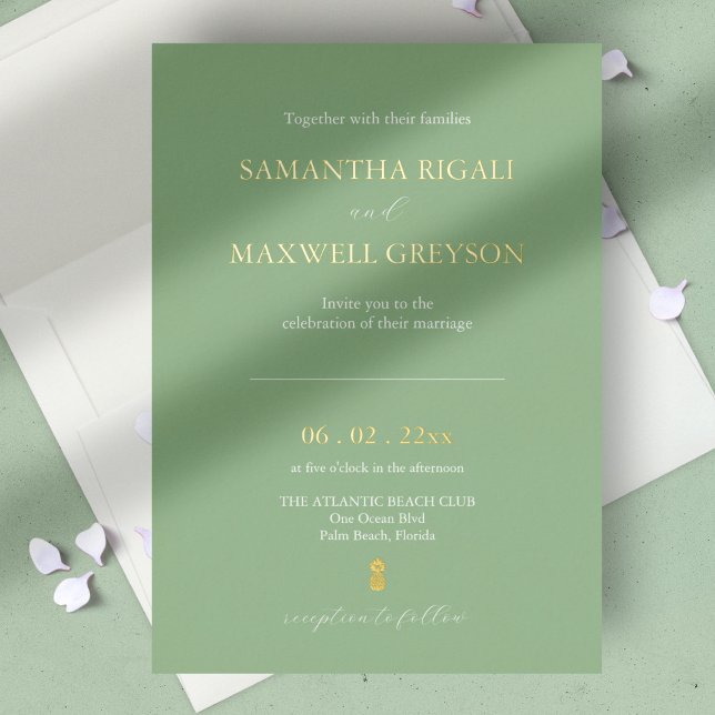 Simple Sage Green Nautical Beach Wedding (wedding invitation sage green and gold foil minimalistic design. )