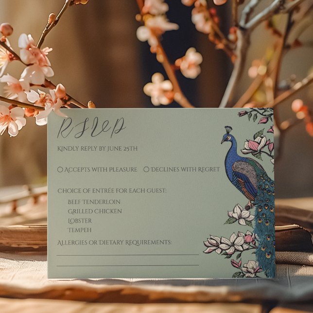 Simple Sage Green Peacock RSVP Card (Elegant Sage Green RSVP Card for Wedding Ceremonies. Hand Drawn Floral Chinoiserie Peacock & Flowers)