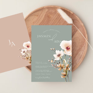 Simple Sage Green Pink Wildflower Floral Wedding Invitation