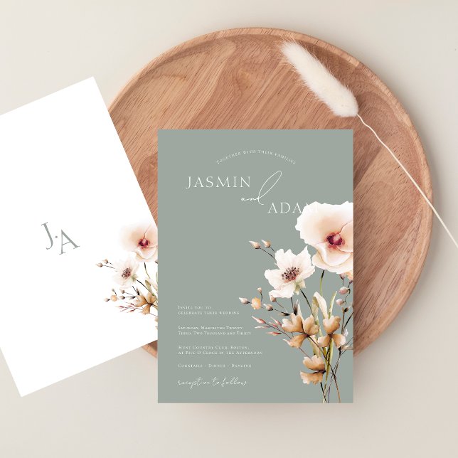 Simple Sage Green Pink Wildflowers Floral Wedding Invitation (Simple Sage Green Pink Wildflowers Floral Wedding Invitation)