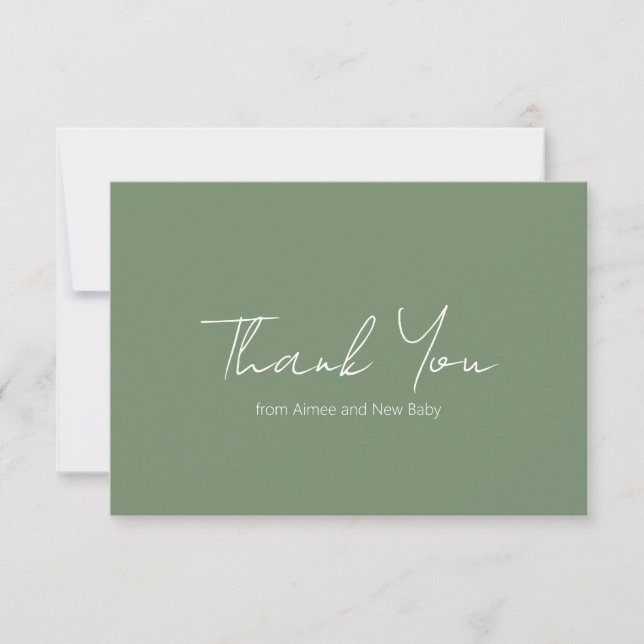 Simple Sage Green Rustic Script Modern Baby Shower Thank You Card (Front)