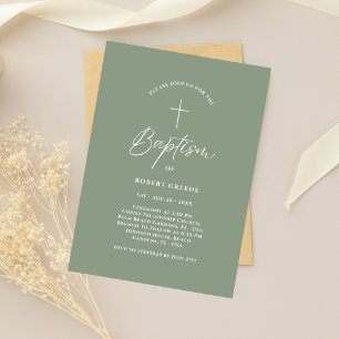 Simple Sage Green Script Infant Baby Photo Baptism Invitation