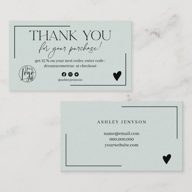 Simple sage green script order thank you business card (Front/Back)