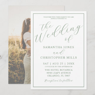 Simple Sage Green Script & Photo Wedding Invitation
