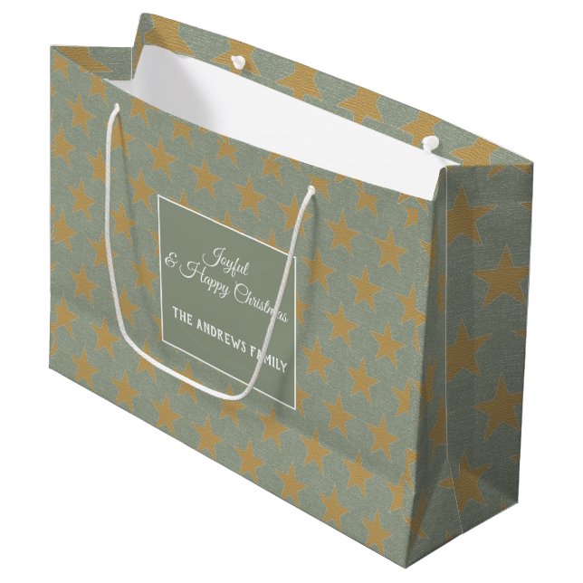 Simple Sage Green & Star Gold Christmas Large Gift Bag (Front Angled)