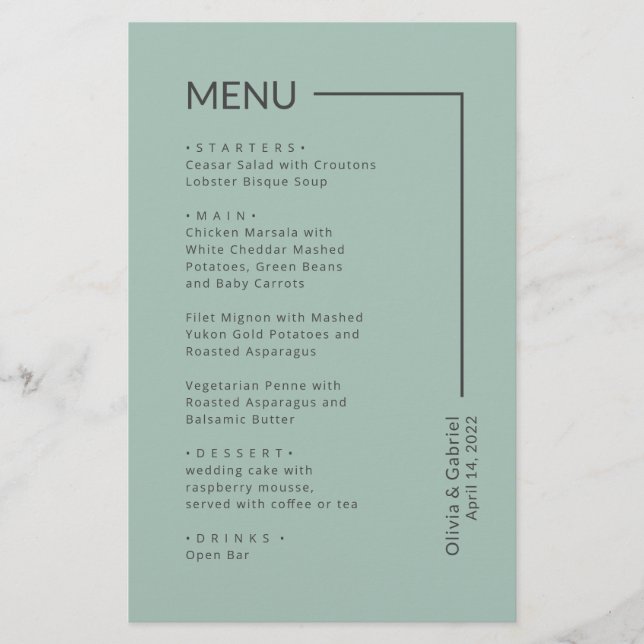 Simple Sage Green Typography plain wedding menu (Front)