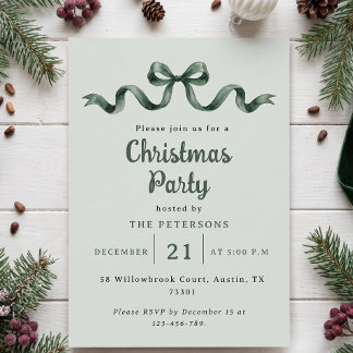 Simple Sage Green Watercolor Bow Christmas Invitation
