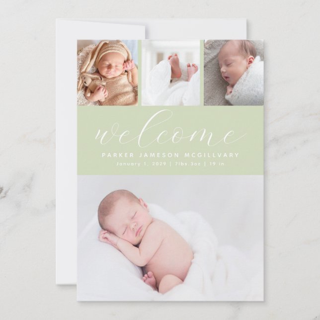 Simple Sage Green Welcome Photo Collage Baby Birth Announcement (Front)