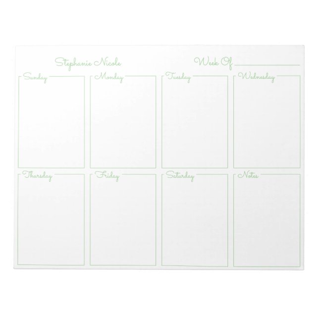 Simple Sage Thin Line Border Name Weekly Planner Notepad (Front)