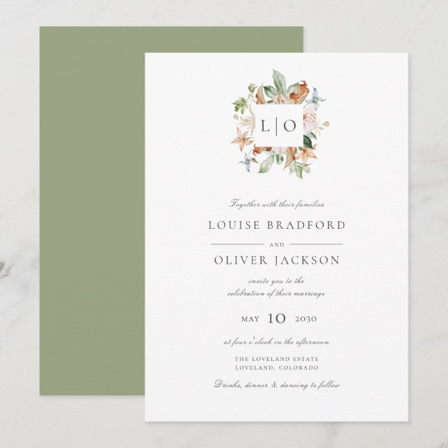 Simple Sage Watercolor Monogram Wreath Wedding Invitation (Front/Back)