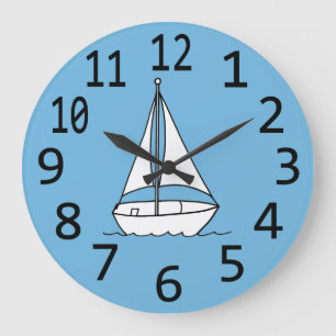 Simple Sailboat Outline White on Blue Clocks