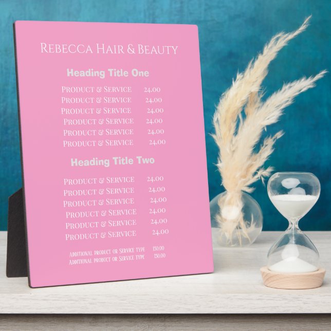 Simple Salon Spa Pricing & Service Pink Display Plaque (Side)