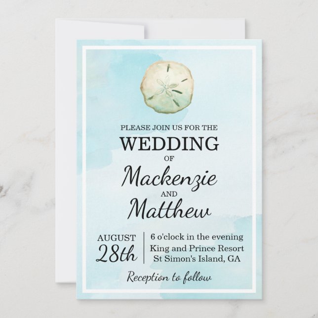 Simple Sand Dollar Beach Themed Wedding Invitation (Front)