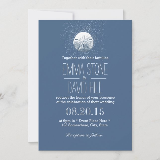 Simple Sand Dollar Navy Blue Beach Wedding Invitation (Front)