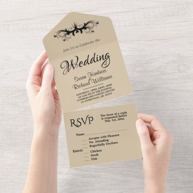  Simple Sandstone and Black Tri Fold  Rsvp Wedding All In One Invitation (Tearaway)