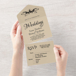 Simple Sandstone and Black Tri Fold  Rsvp Wedding All In One Invitation