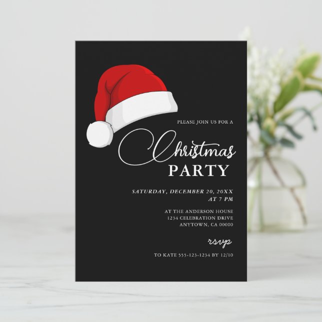 Simple Santa Hat Script Christmas Party Invitation (Standing Front)