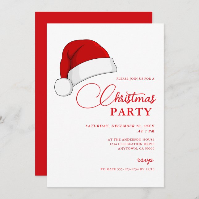 Simple Santa Hat Script Christmas Party Invitation (Front/Back)