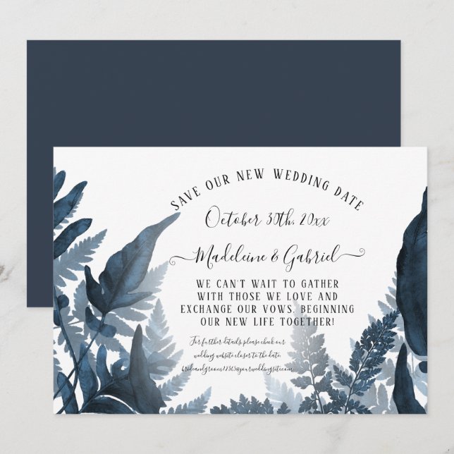 Simple Save Our New Date Navy Greenery Wedding Invitation (Front/Back)