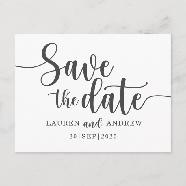 Simple Save the Date Black & White Wedding Postcard (Front)