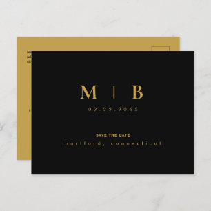 Simple Save the Date Gold Monogram Black  Announcement Postcard