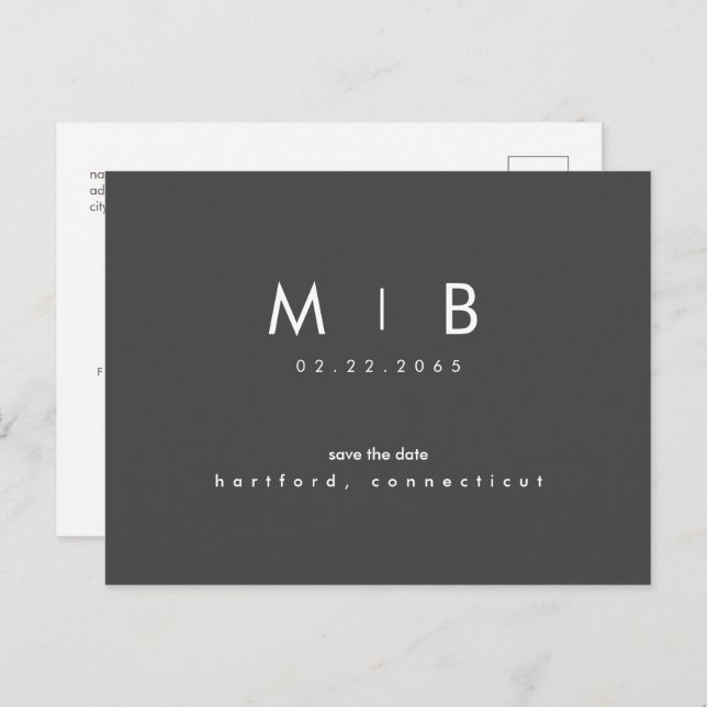 Simple Save the Date Monogram Charcoal Announcement Postcard (Front/Back)