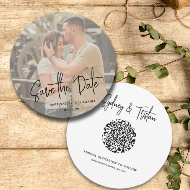 Simple Save the Date Photo Round QR Code Wedding Invitation (Simple Modern Rustic Wedding Photo Save the Date with Round QR Code Feature. Front and Back.)