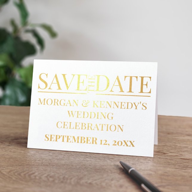 Simple Save The Date Wedding Celebration Foil Card (A gold foil Save the Date folded card with space for your wedding details. Congratulations!)