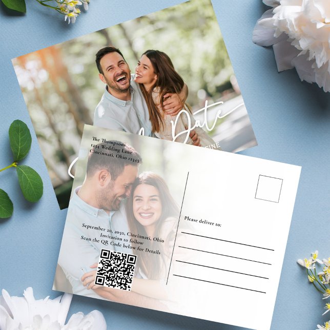 Simple Save the Date Wedding Photo  Postcard (Save the date photo postcard template with a scannable QR Code. )