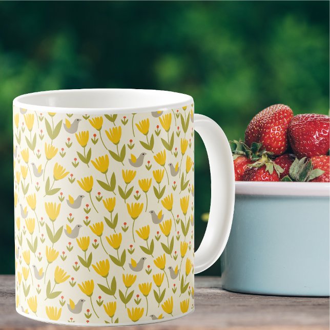 Simple Scandinavian Flowers and Birds Pattern Coffee Mug (Creator Uploaded)